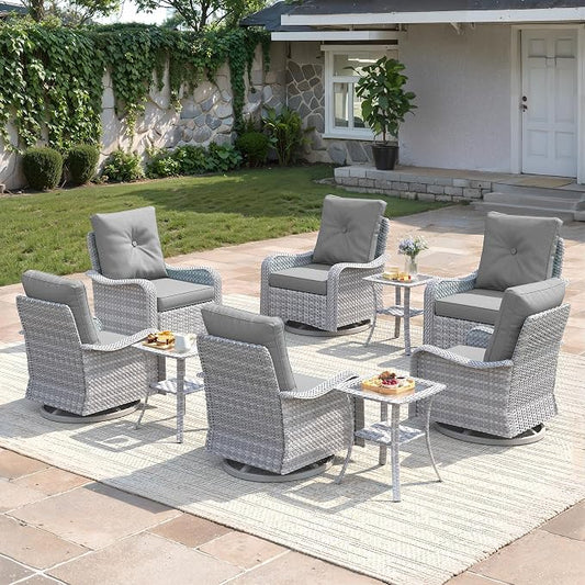 9-Piece Patio Furniture Set, Outdoor Swivel Rocking Chairs with 4" Thick Cushions & Side Table, All-Weather PE Rattan & Rust-Resistant Steel Frame Conversation Set for Porch, Garden, Backyard, Grey