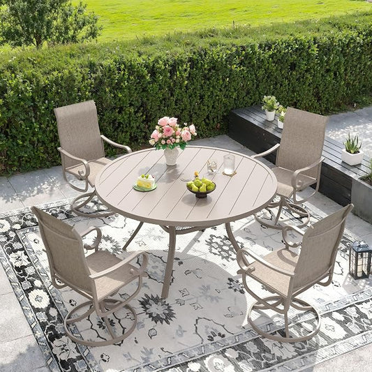 DIFY 7 Piece Outdoor Dining Set for 6, 53.1" Round Metal Dining Table with Umbrella Hole and Swivel Patio Chairs with Textilene Fabric, Patio Table and Chairs Set for Garden Backyard Deck, Sandshell