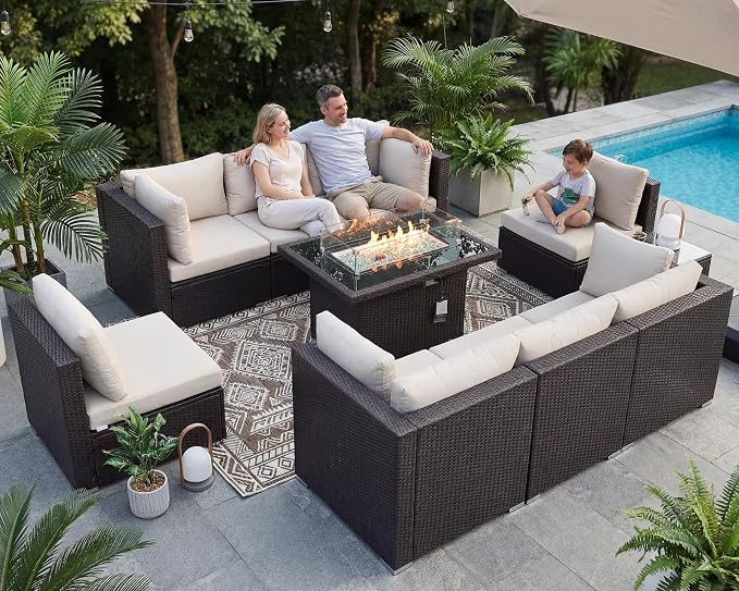 BULEXYARD 9 Pcs High Back Outdoor Sectional Set with Firepit Table, High-End Patio Furniture Seating Set, Big Oversized Wide Deep Modular 8-Seater Couch Sofa for Backyard, Brown Wicker & Beige Cushion