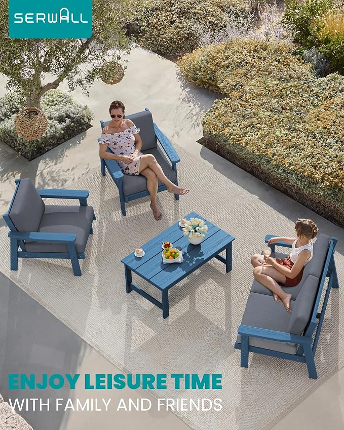 SERWALL HDPE Patio Furniture Set, 5 Piece All Weather Wood-Like Sectional Outdoor Furniture Set, Blue Patio Sofa Couch with Grey Cushions for Deck, Lawn