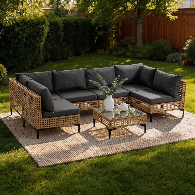 7 PCs Outdoor Patio Furniture All Weather Wicker Rattan Sectional Conversation Sofa Set w/Water Resistant Cushions, Coffee Table for Paito, Lawn, Garden, Grey