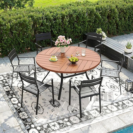 DIFY 7 Piece Outdoor Patio Dining Set for 6, 47.2" Round Dining Table with Umbrella Hole and Stackable Metal Chairs, Patio Table and Chairs Set for Backyard Garden Poolside, Walnut & Black