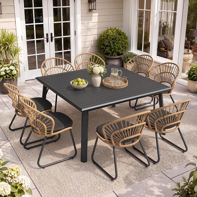 9 Piece Aluminum Square Outdoor Dining Set with Rattan Patio Chairs | 56.9" Large Patio Dining Table with Umbrella Hole, 8 Shell Shaped Rattan Patio Chairs with Black Cushions for Garden Deck