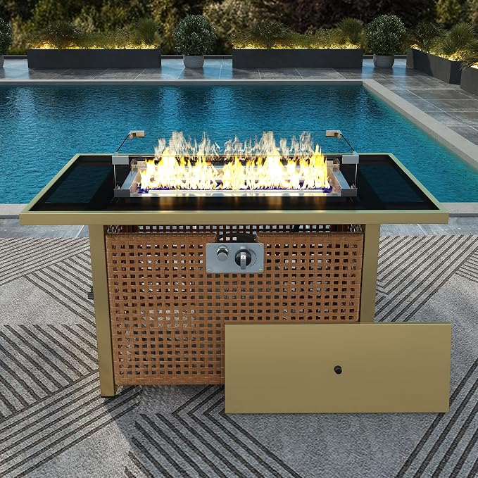 43" Propane Gas Fire Pit Table, 60000 Btu Rectangular Open Weave Wicker Fire Pit with Glass Wind Guard for Outside Patio Deck Garden Backyard - Orange & Mustard Yellow