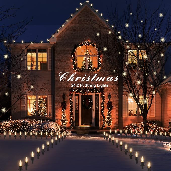 TIORIY Outdoor Warm Christmas Pathway Lights, 24.2ft 20 Lights with Stakes, Outside Walkway Marker, C9 Christmas Decor, Driveway Decorations, Waterproof, Hanging or Plugging