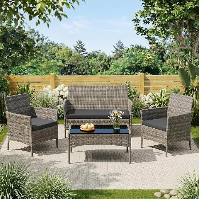 4 Pieces Outdoor Patio Furniture Set, Wicker Patio Conversation Set with Tea Table, All-Weather Outside Rattan Sectional Sofa for Backyard, Poolside, Garden, Balcony, Gray/Dark Gray