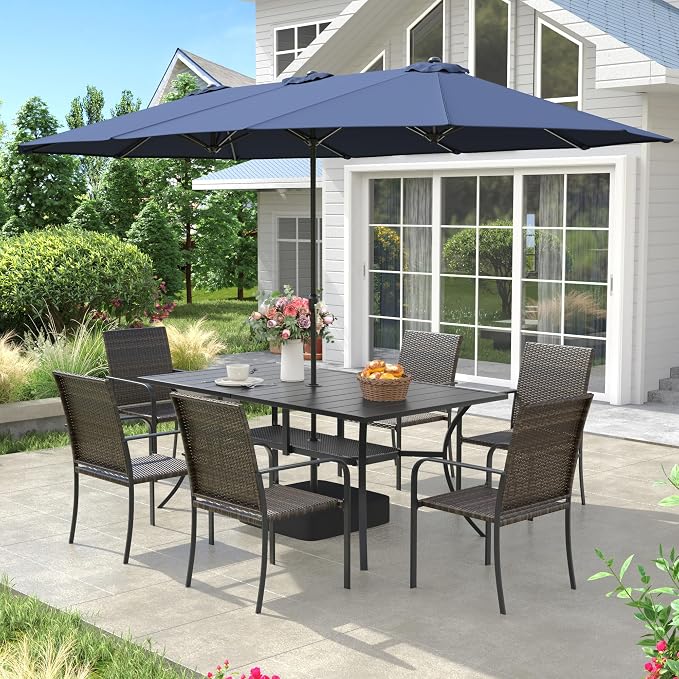 VICLLAX 8 Pieces Patio Dining Set with Blue Umbrella, 6 Stakable Wicker Outdoor Chairs and Patio Rectangular Table with Umbrella Hole for Backyard Lawn Deck, Black Tabletop