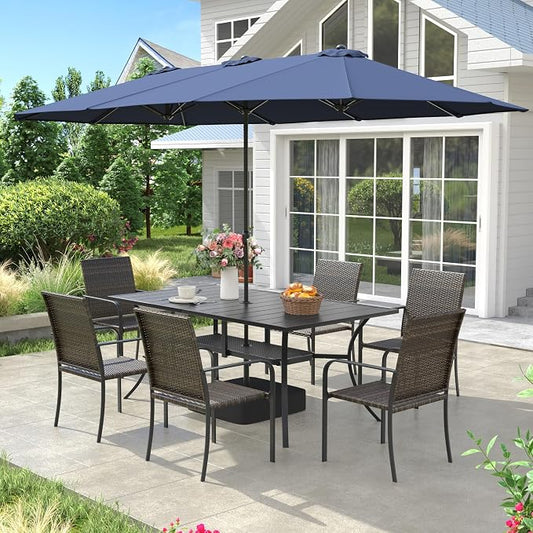 VICLLAX 8 Pieces Patio Dining Set with Blue Umbrella, 6 Stakable Wicker Outdoor Chairs and Patio Rectangular Table with Umbrella Hole for Backyard Lawn Deck, Black Tabletop