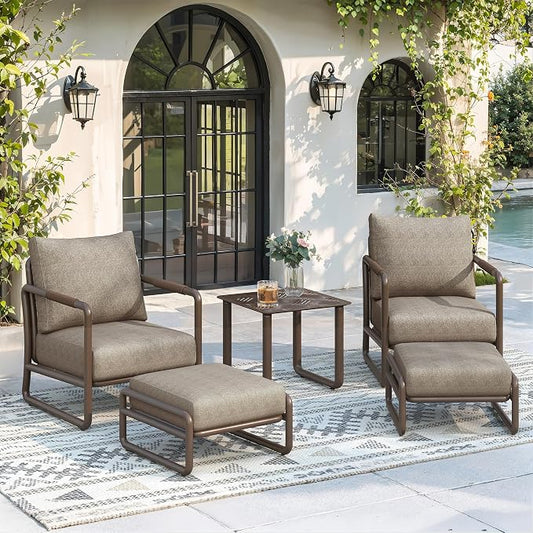 Outdoor Aluminum Patio Furniture Set, 5 Pieces Conversation Set with 6.5 Inch Cushions & 2 Ottomans, All-Weather Rust-Resistant Frame Conversation Set for Porch, Garden, Backyard, Brown