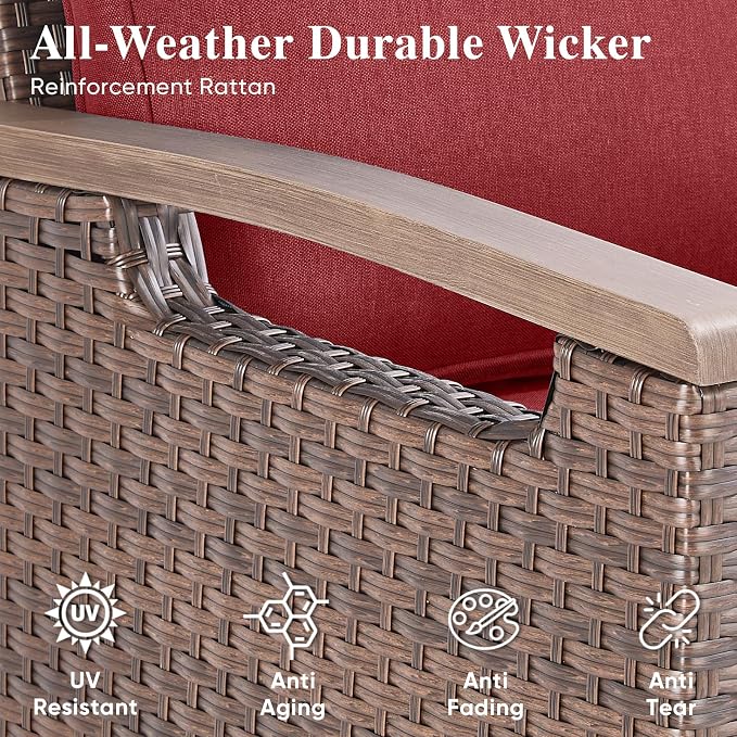 Rilyson Luxury Wicker Outdoor Couch Patio Sofa, 3 Seater Rattan Patio Couch Water Resistant,Comfortable Cushions and Sturdy Metal Frame for Outside Porch Deck Backyard, Brown/Red