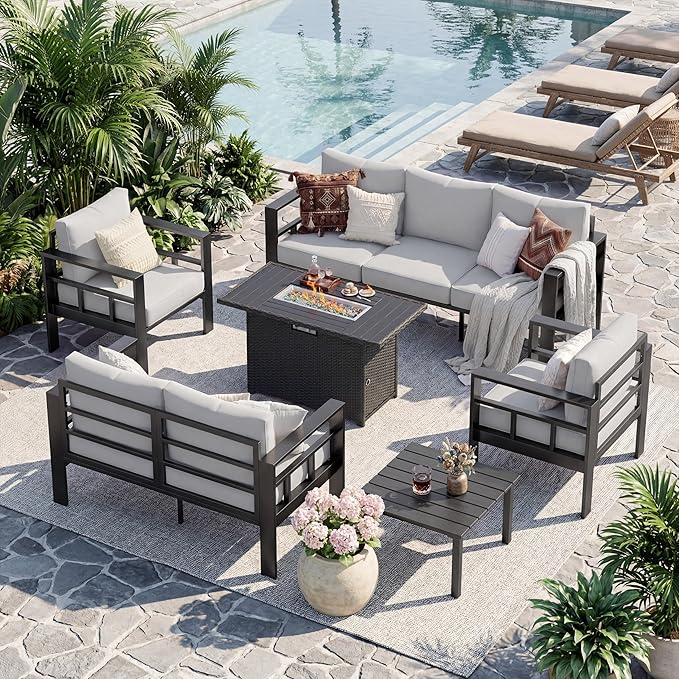 UDPATIO Aluminum Outdoor Furniture Set with Fire Pit Table, 6 Pieces All-Weather & UV-Resistant Patio Sectional Sofa Set for Deck, Backyard, Poolside, Light Gray