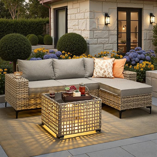 5 Pcs Patio Outdoor Furniture Set - All Weather Wicker Outdoor Sectional Sofa Couch with Coffee Table and Ottoman,Patio Modular Rattan Conversation Set for Garden Deck Yard,Dark Grey