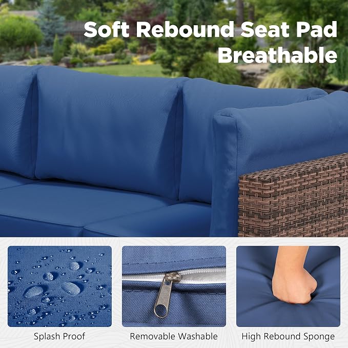 LHBcraft 7 Pieces Outdoor Wicker Rattan Patio Furniture, Wicker Rattan Outdoor Sectional Sofa Set with Coffee Table & Blue Cushions for Garden