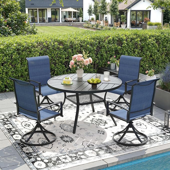 DIFY 5 Piece Outdoor Dining Set, Metal Patio Table and Chairs Set, 40.6" Black Round Dining Table & 4 Blue Padded Textilene Swivel Patio Chairs, Outdoor Furniture Set for Garden Backyard Porch