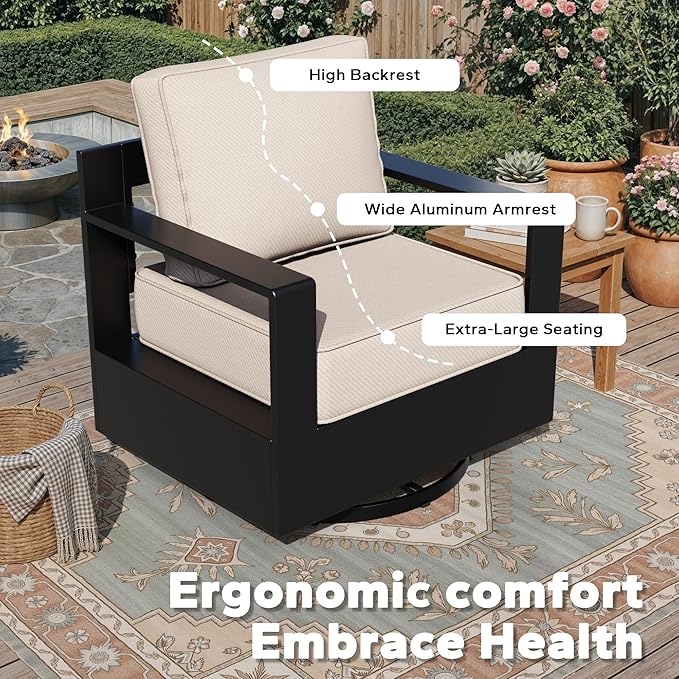 Outdoor Aluminum Furniture Set, 4-Piece Patio Conversation Set, 2 Swivel Chairs, 1 Sofa and 1 Fireplace, All-Weather Metal Frame, 6" Thick Removable Cushions, Deep Setting for Garden and Porch