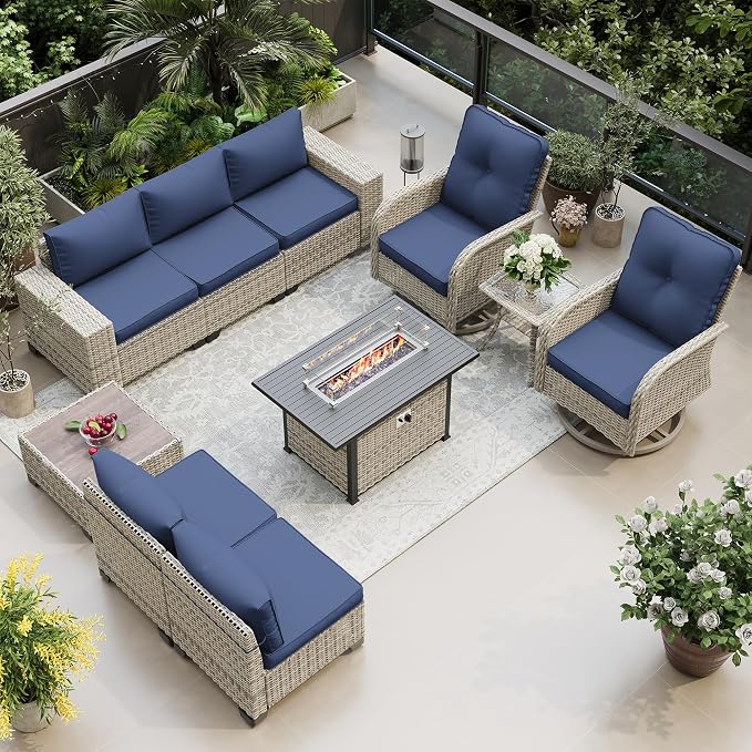 10-Piece Outdoor Patio Furniture Set with Rocking Swivel Chair, PE Wicker Rattan Sectional Sofa Patio Conversation Set with 55,000 BTU Fire Pit Table & Coffee Table, Navy Blue