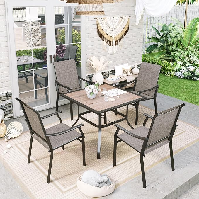 Sophia & William 5-Piece Outdoor Dining Set, 4 Comfortable Textilene Chairs and 37" Wood-like Top Outdoor Square Table, Durable All-Weather Patio Furniture for Lawn, Park, and Courtyard Support 350lbs