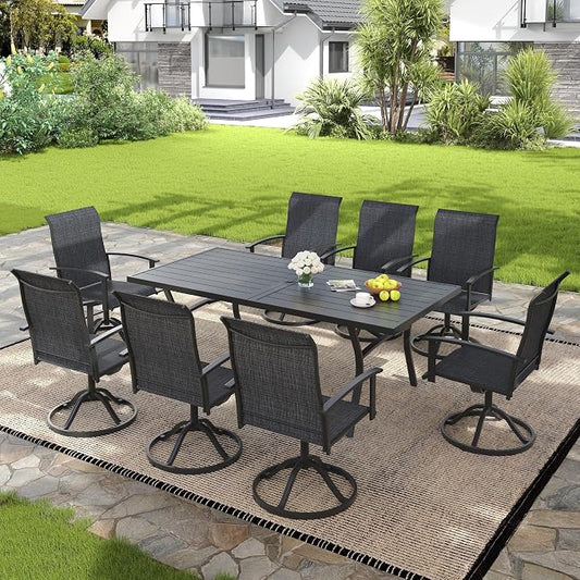 VICLLAX 9 Pieces Patio Outdoor Dining Set, 8 Swivel Textilene Chairs and 70" Rectangular Metal Table with Umbrella Hole for Porch, Deck, Garden, Black