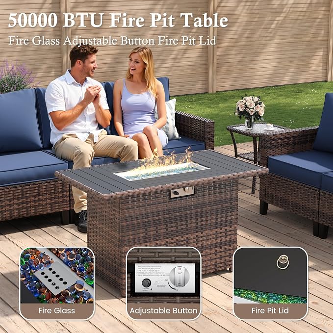 Amopatio Patio Furniture Set with Fire Pit Table, Wicker Outdoor Sectional Sofa with Swivel Rocker Chairs, All-Weather Rattan Conversation Set, Waterproof Cover for Backyard, Deck Brown/Navy 5 PCS
