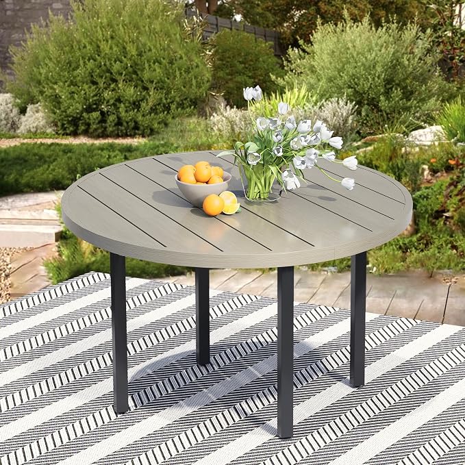 47" Round Patio Table with Umbrella Hole, Metal Outdoor Dining Table for Garden, Backyard and Deck, 6 Person Round Patio Dining Table for Outside, Honey Oak