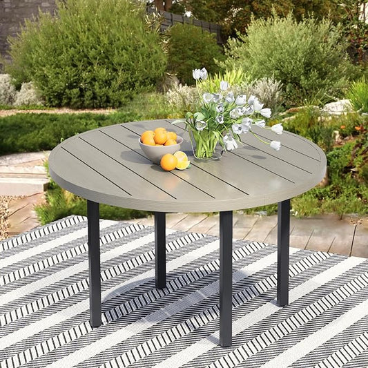 47" Round Patio Table with Umbrella Hole, Metal Outdoor Dining Table for Garden, Backyard and Deck, 6 Person Round Patio Dining Table for Outside, Honey Oak