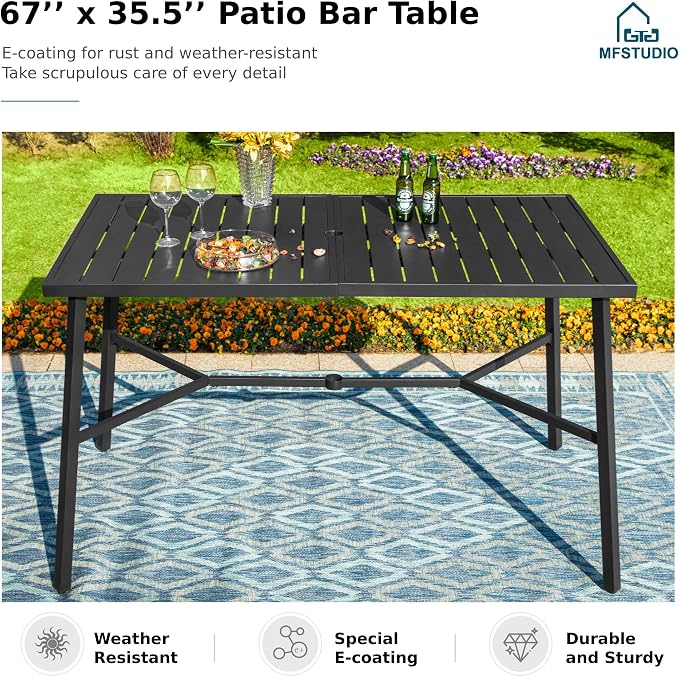 MFSTUDIO 39.8” Patio Bar Height Bar Table, Large Rectangular Heavy Duty Metal Table fot7, All Weather Resistant Outdoor Table with Umbrella Hole, Black