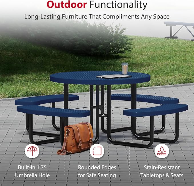 Leisure Craft Metal Picnic Table with Bench - 46"" Round Outdoor Dining Table for 8 with Umbrella Hole, Weatherproof Heavy Duty Thermoplastic Coating, Commercial Grade Furniture Made in USA - Navy