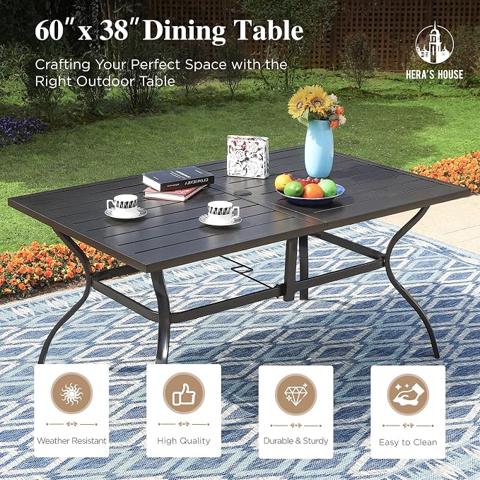 HERA'S HOUSE Patio Dining Table, 60" x 38" Rectangular Large Surface 6 Person Steel Frame Outdoor Dining Table with Umbrella Hole for Lawn Garden Backyard