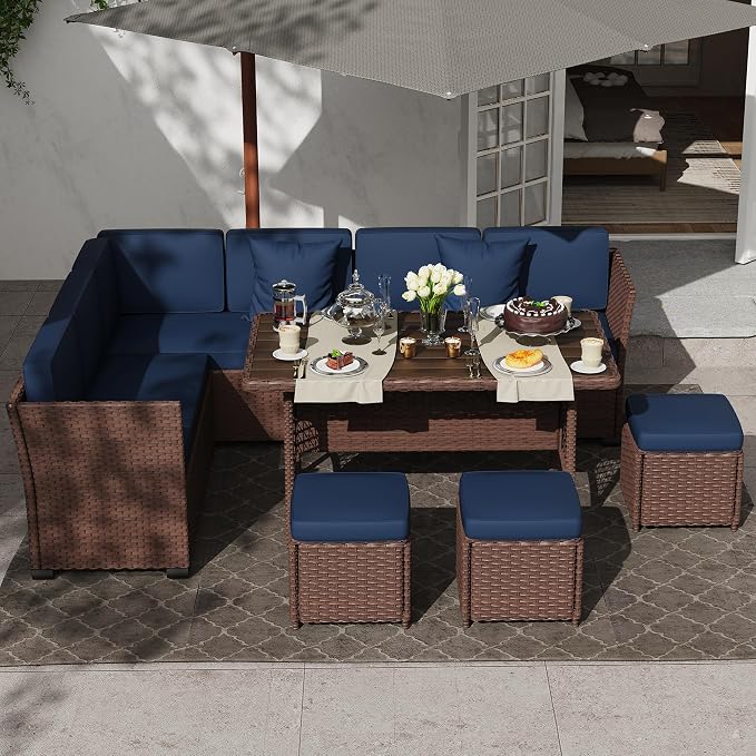 KIGOTY 7 Piece Patio Furniture Set, Outdoor PE Wicker Rattan Outdoor Dining Set, Patio Table and Chairs Set, Patio Conversation Sofa Set with Dining Table and Ottoman(Brown-Navy)