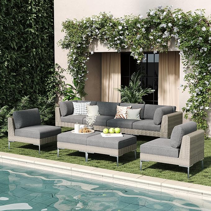 LayinSun 8-Piece Wicker Rattan Patio Furniture Set, Deep Seating Outdoor Modular Sectional Sofa Conversation Set with Thick Cushions for Lawn, Garden