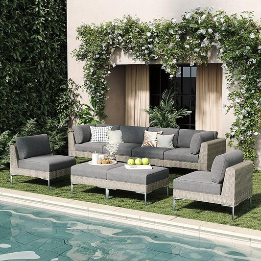 LayinSun 8-Piece Wicker Rattan Patio Furniture Set, Deep Seating Outdoor Modular Sectional Sofa Conversation Set with Thick Cushions for Lawn, Garden