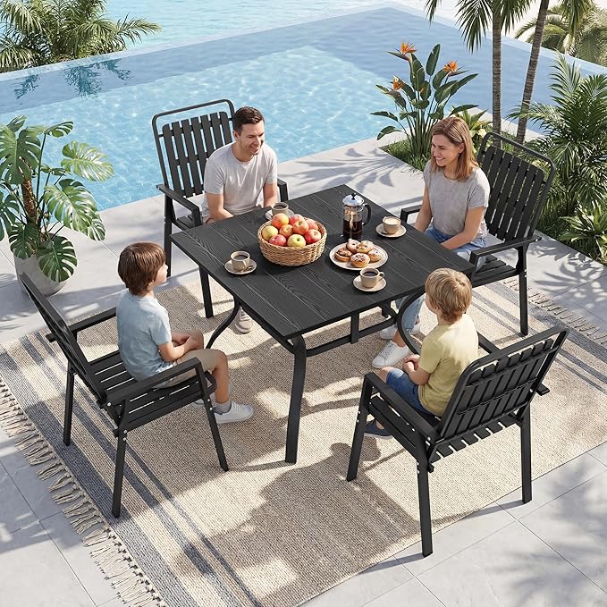 Outdoor Dining Set for 4, Patio Table and Chairs Set with 1.97'' Umbrella Hole, 5pcs Patio Furniture Set 37.8”x37.8” Black Dining Table Set for Porch Deck Backyard Pool