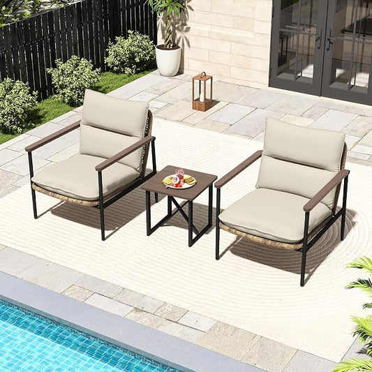 HAPPATIO 3-Piece Outdoor Furniture Set, Patio Aluminum Conversation Set with Wicker Seat and Acacia Wood Armrest, Removable Thick Olefin Cushion for Garden Lawn Backyard