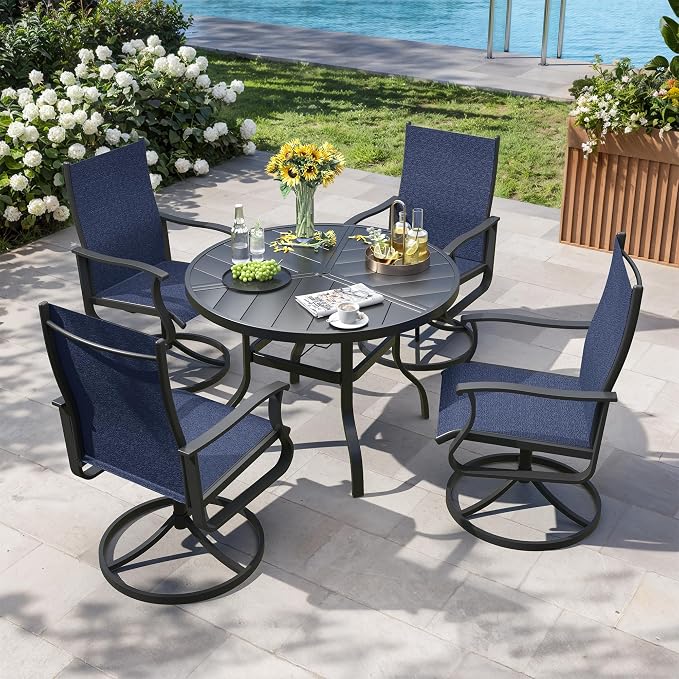 5 Pieces Patio Dining Set, Patio Outdoor Furniture Set of 4 Patio Swivel Dining Chairs and 39" Patio Spliced Round Tabletop with Umbrella Hole, for Deck, Backyard, Poolside & Garden