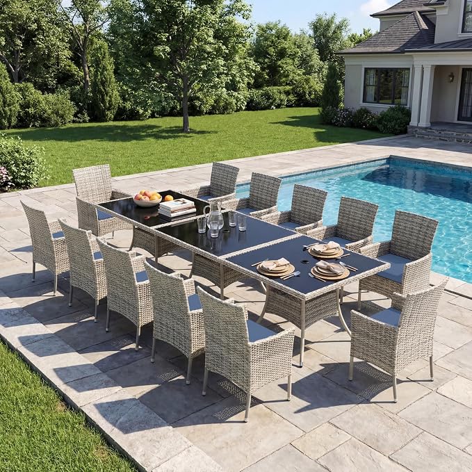 15-Piece Patio Dining Set, Patio Furniture Set with Square Tempered Glass Table & 12 Wicker Chairs, Expandable Design for Larger Groups, Outdoor Furniture for Backyard, Deck, Garden, Navy Blue