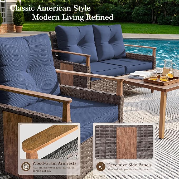 NestNook 4 Pieces Patio Furniture Set, Outdoor Conversation Set with All-Weather Handwoven PE Wicker Sofa, Rattan Chairs and Thick Cushion, Loveseat & Coffee Table for Backyard, Deck & Poolside, Blue