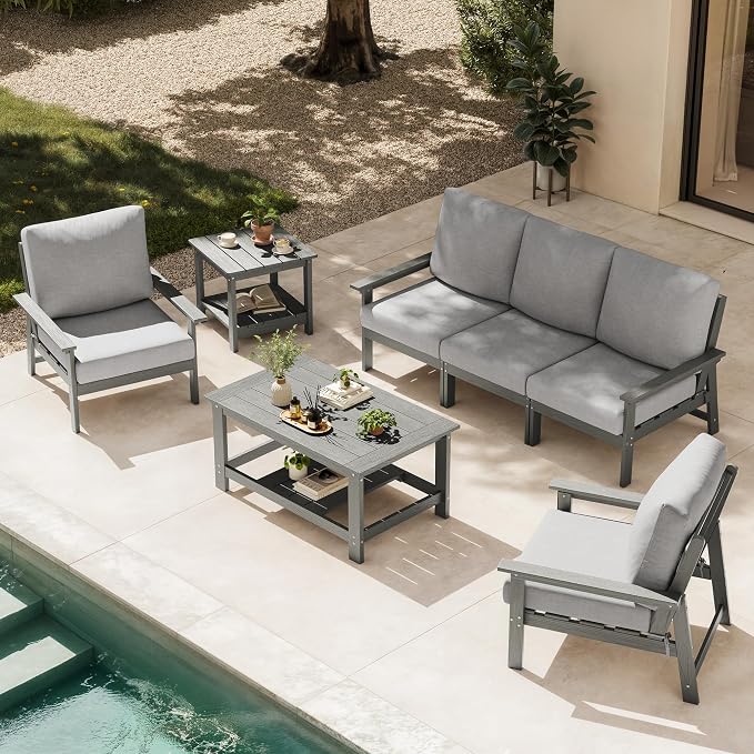 Ciokea Modular Patio Furniture Set with Thicked Cushions, 7Pcs All-Weather Outdoor Conversation Set with Coffee Table & Side Table, Modern Sectional Sofa Set for Deck (Grey Frame/Grey Cushions)