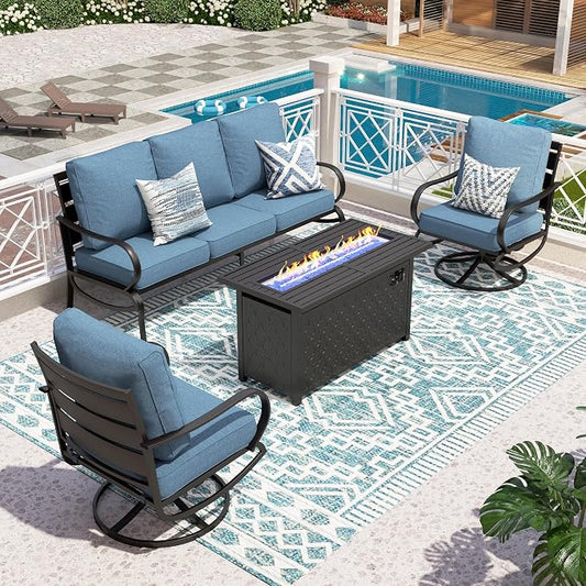 PHI VILLA 4 Piece Patio Furniture with FirePit Table, Metal Outdoor Furniture Set with 3-Seat Wide Deep Seating Bench & 2 x Swivel Sofa Chairs, Outdoor Conversation Set for 5, Navy Blue