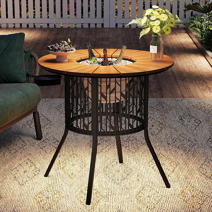 ONBRILL Round Patio Coffee Table with 3.3 Gallon Ice Bucket, 31.5 Inch Solar-Light Cooler Side Table, HDPS Outdoor Dining Table with Metal Base for Outside, Porch, Garden, Backyard, Black & Oak