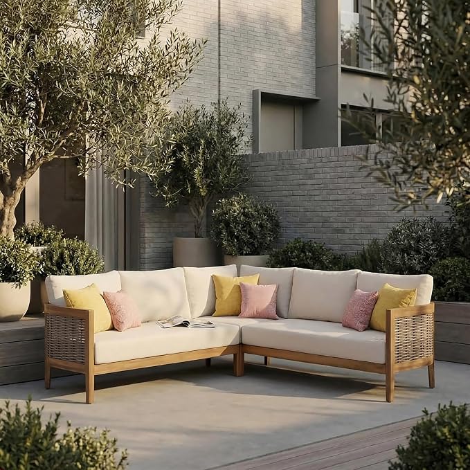 Merax Rattan Outdoor Acacia Wood V-Shaped Sectional Sofa with Cushions | All-Weather Patio Sofa Conversation Set for Porch, Lawn, Backyard, Balcony, Teak