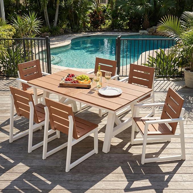 Costaelm Outdoor Dining Tables for Patio, 72" Rectangle 6-Person HDPE Dining Table with Umbrella Hole and Metal Frame for Outside, Garden, Poolside, Backyard, Porch, Balcony, Teak