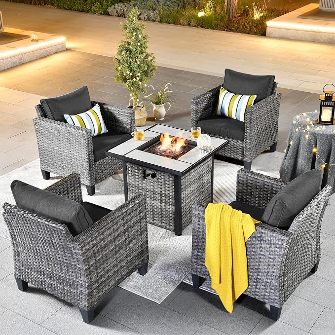 ovios 5 Pieces Patio Furniture Set, Outdoor Wicker Rattan Chairs of 4 with 30" Fire Pit Table, High Back Chair Conversation Sets for Porch Deck Garden, Black