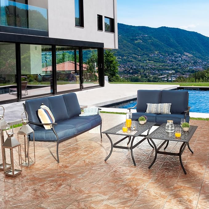 4 Pieces Patio Conversation Set 5 Seat Outdoor Furniture Sofa Chairs Patio Furniture Seating Sets with Cushion and Cofffee Table (Blue)