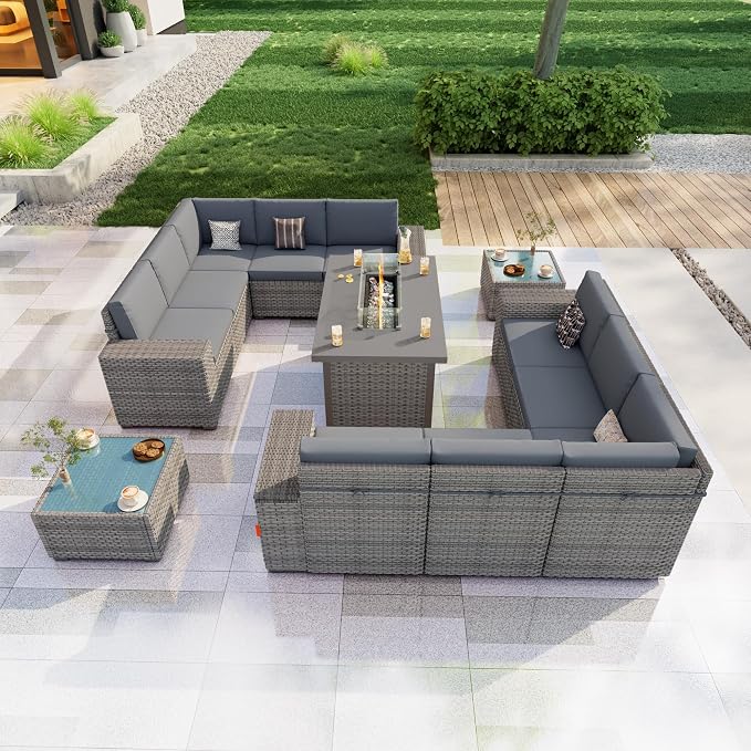 13-Piece Outdoor Patio Furniture Set, Rattan Wicker Conversation Set with Wide Armrests, Outdoor Modular Sectional Couch Seating Group Sofa with Fire Pit for Deck Garden Porch (Gray Cushions)