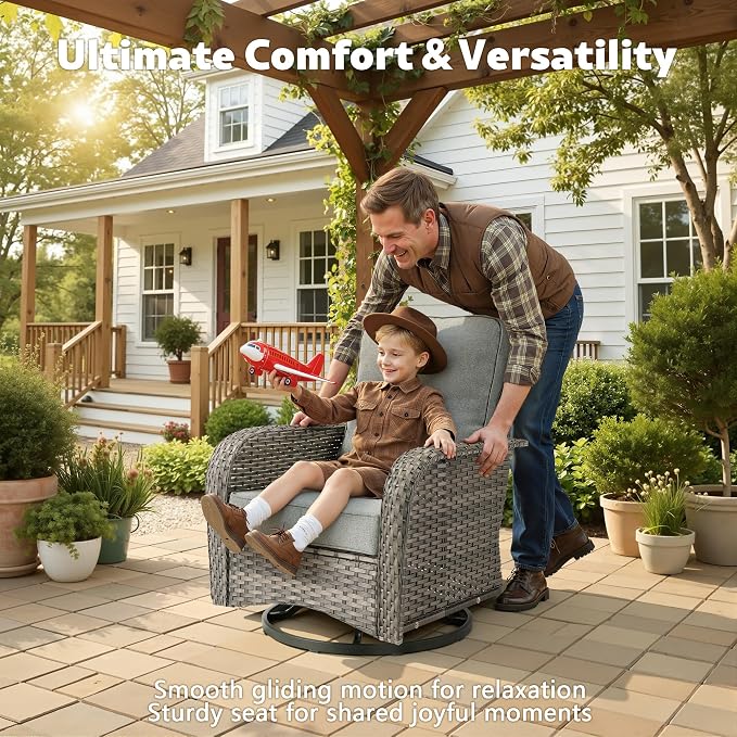 CAODOC Patio Furniture, All Weather Wicker 6 PCS Outdoor Sofa with High Back Swivel Rocker Chairs, Conversation Set with Solar Light Coffee Table,Light Rattan Dark Gray Cushion