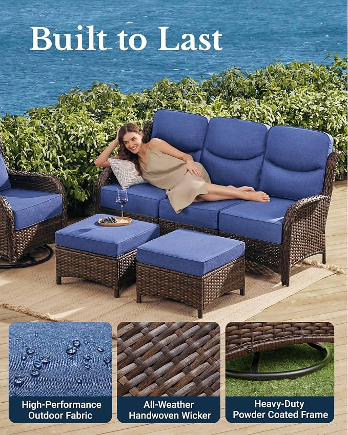 HILLGA Luxury Outdoor Patio Furniture Set with 6-Inch Thick Cushions, High Back Wicker Swivel Rocker Chairs, 6 Pcs All Weather Conversation Set for Large Deck, Yard and Poolside, Blue (V3)