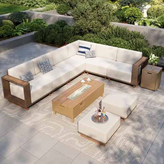 MIXPATIO Patio Sectional Furniture with Fire Pit, 9 Pieces Outdoor Wicker Sofa Set, Yellow Rattan Modular Conversation Sets with 10" Thick Cushions, L Shape Low Profile Lawn Deck Garden Furniture