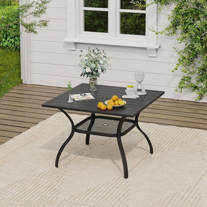 VICLLAX Outdoor Dining Set for 4, Patio Furniture Set of 4 Patio Stackable Dining Chairs and Outdoor Metal Square Table with Umbrella Hole for Backyard Lawn Garden, Dark Grey Chairs and Black Table
