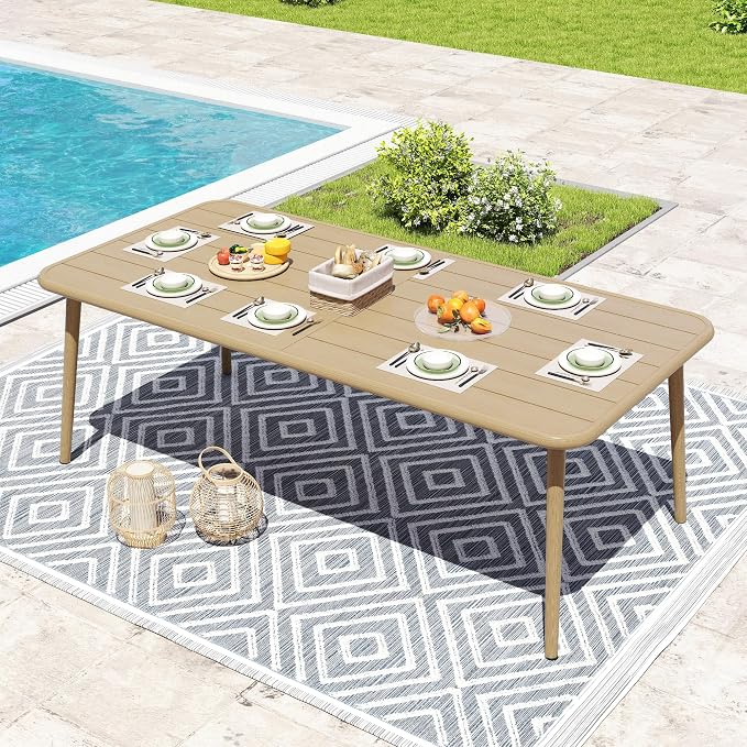HAPPATIO Outdoor Dining Table for 8, Large Rectangular Aluminum Frame Patio Dining Table, Wood-Like Tabletop with 2" Umbrella Hole for Deck, Backyard, Lawn, Garden