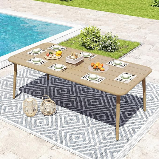 HAPPATIO Outdoor Dining Table for 8, Large Rectangular Aluminum Frame Patio Dining Table, Wood-Like Tabletop with 2" Umbrella Hole for Deck, Backyard, Lawn, Garden